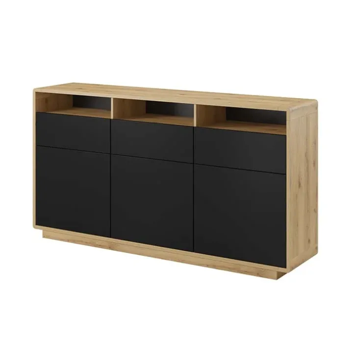 Credenza 180x96h cm 3 ante 3 cassetti moderna nero opaco rovere Esmond