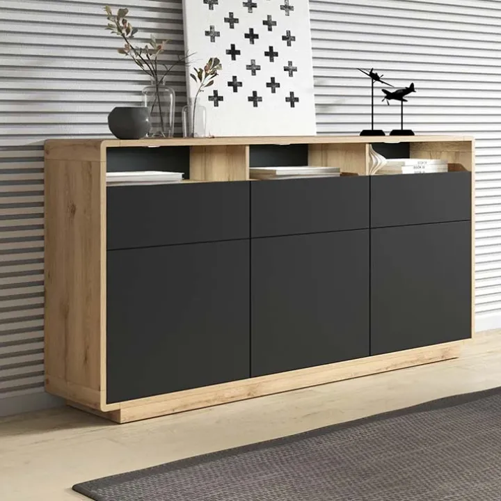 Credenza 180x96h cm 3 ante 3 cassetti moderna nero opaco rovere Esmond