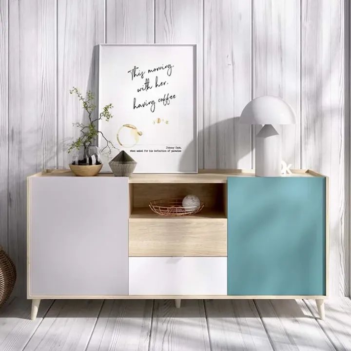 Credenza 155x75h cm 2 ante 2 cassetti rovere grigio bianco petrolio Dominic