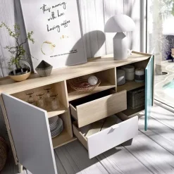 Credenza 155x75h cm 2 ante 2 cassetti rovere grigio bianco petrolio Dominic