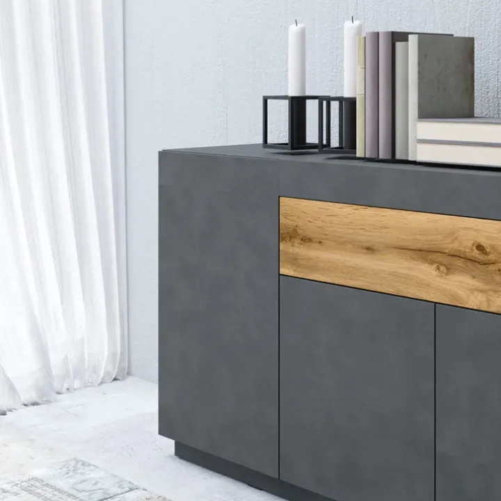 Credenza 150x85h cm 3 ante 1 cassetto moderna antracite rovere Bahama