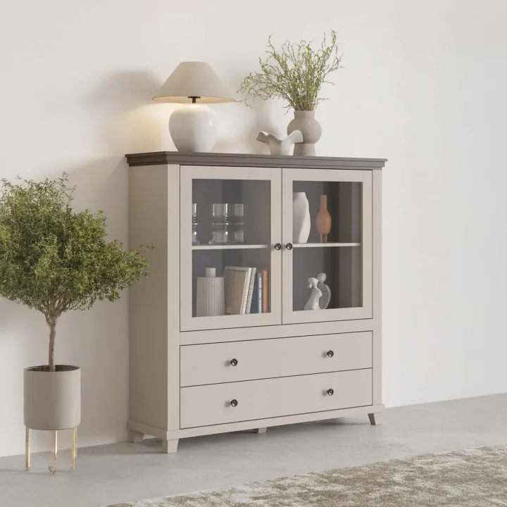 Credenza 126x138h cm 2 ante con vetrina 2 cassetti beige Texel