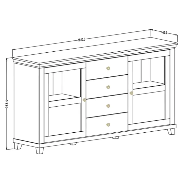 Credenza 181x93h cm 2 ante con vetrinetta 4 cassetti verde quercia Texel