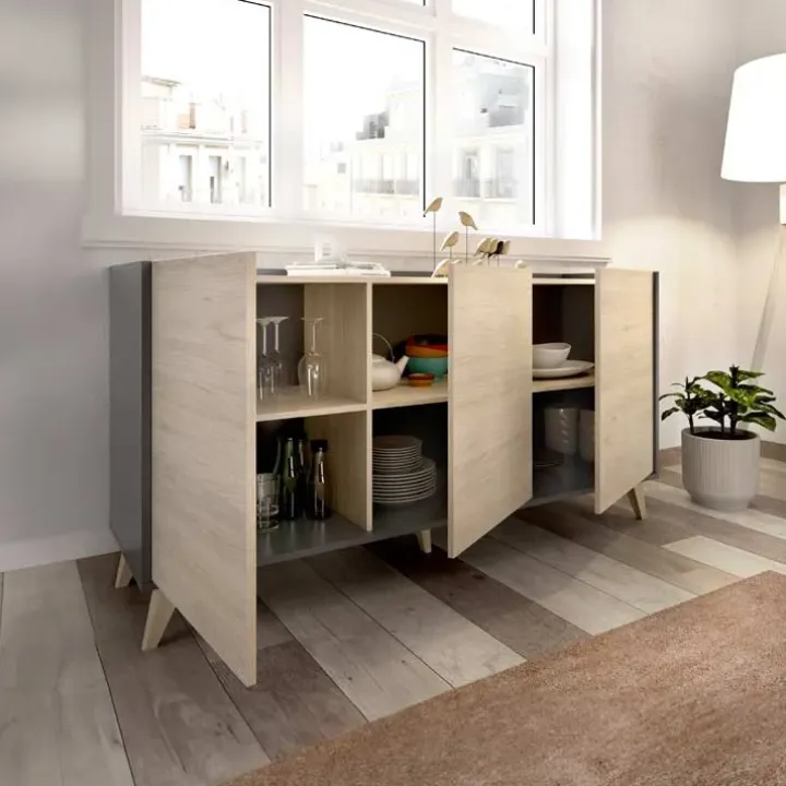 Credenza 155x75h cm 3 ante moderna ante rovere grafite Elmer