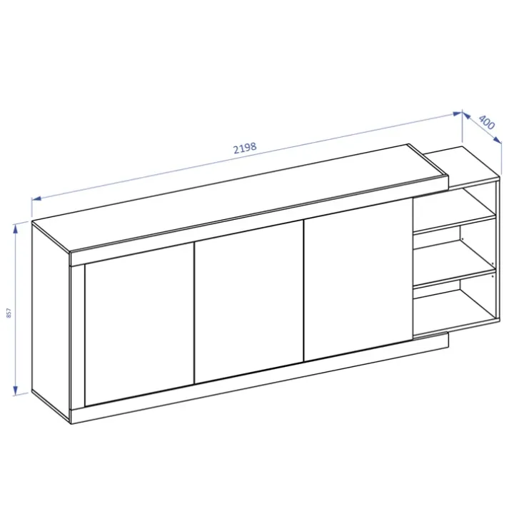 Credenza 220x86h cm 3 ante moderna bianco lucido rovereAria