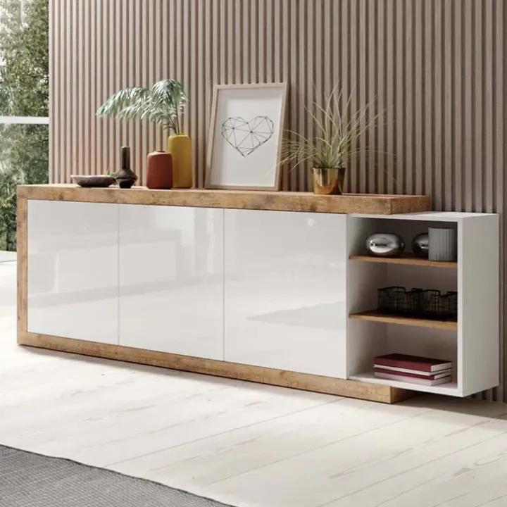 Credenza 220x86h cm 3 ante moderna bianco lucido rovereAria