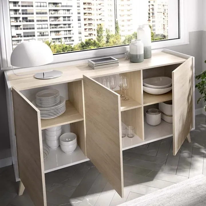 Credenza 155x75h cm 3 ante moderna rovere bianco opaco Elmer