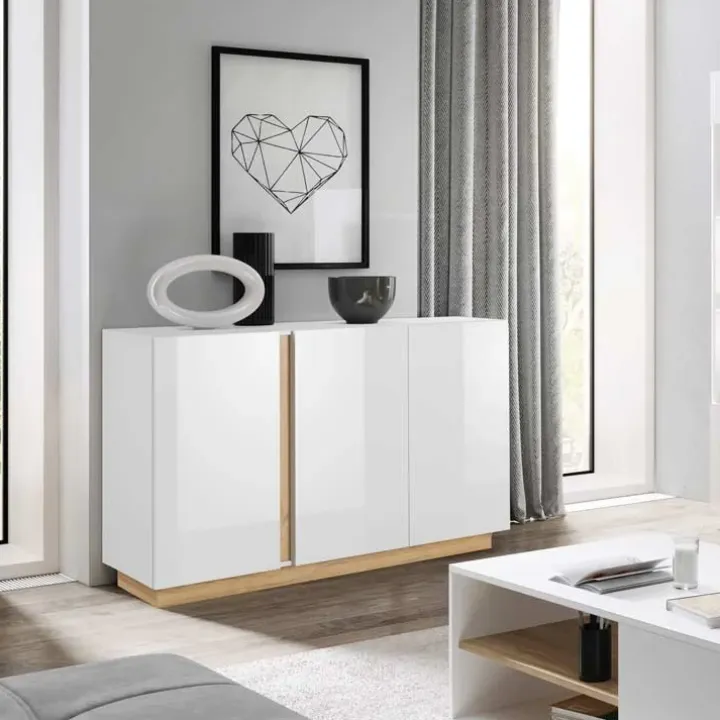 Credenza 138x91h cm 3 ante moderna soggiorno bianco rovere Noa Gihome®