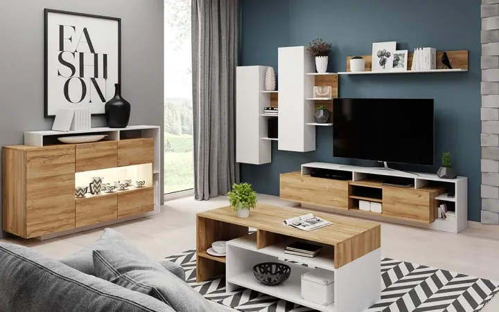 Credenza 155x94h cm con vetro moderna rovere bianco Blob
