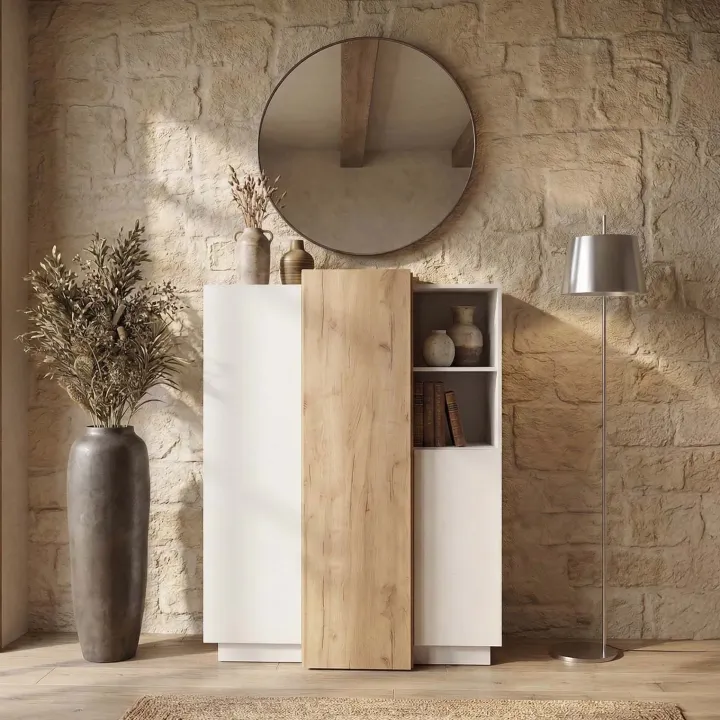Credenza 110x134h cm soggiorno 3 ante bianco opaco quercia James