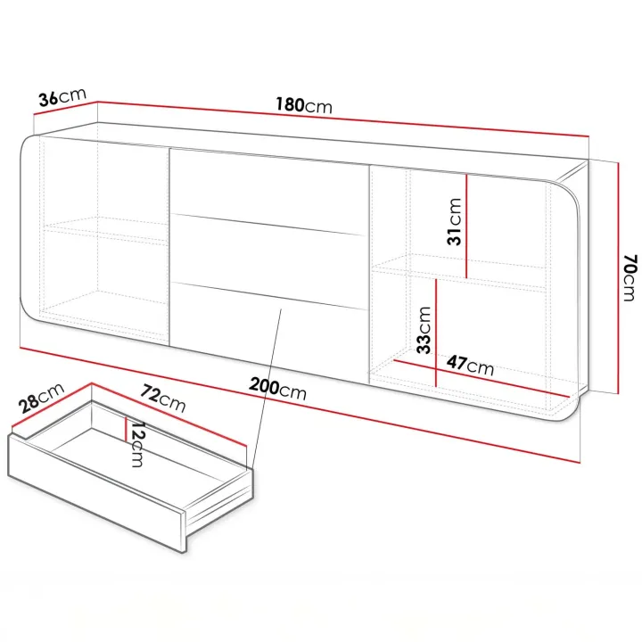 Credenza 180x70h cm sospesa 2 ante 3 cassetti beige Volia