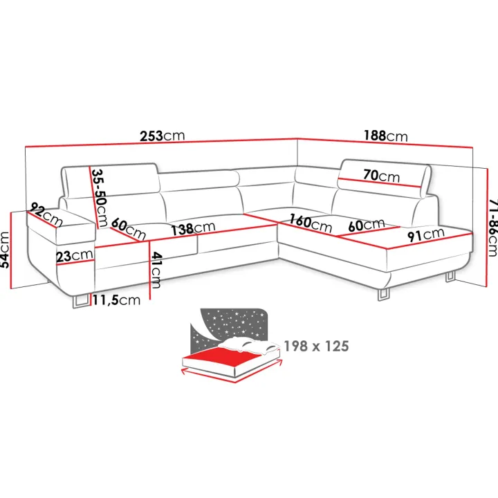 Divano letto angolare destra 5 posti 253x188cm grigio Almese