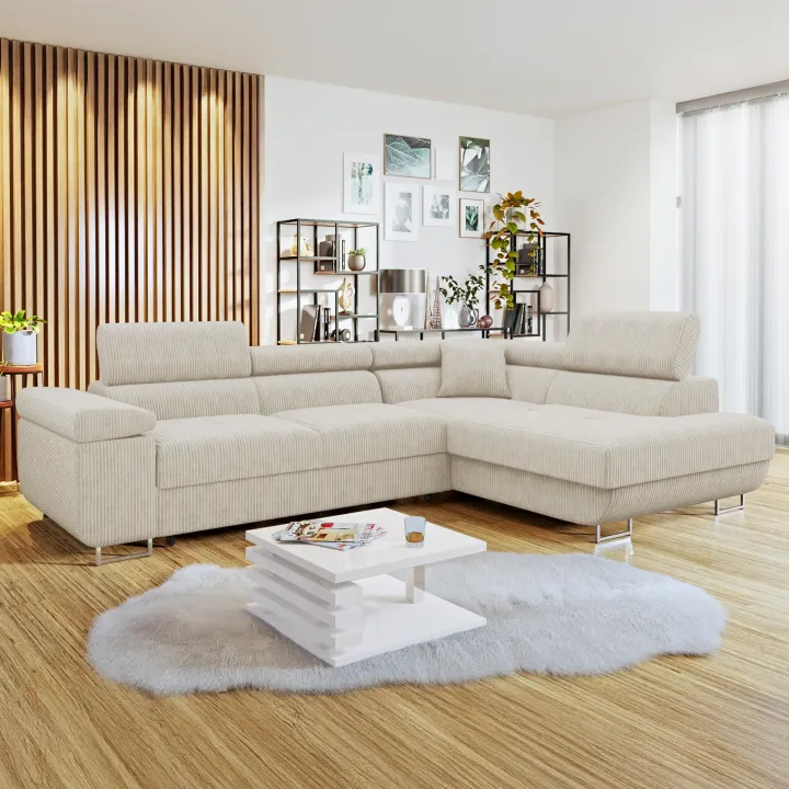 Divano letto angolare destra 4 posti 274x203cm imbottito a coste beige Bormio
