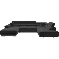 Divano letto angolare destra 5 posti 346x203cm con box contenitore velluto nero Moirea