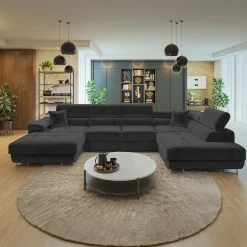 Divano letto angolare destra 5 posti 346x203cm con box contenitore velluto nero Moirea