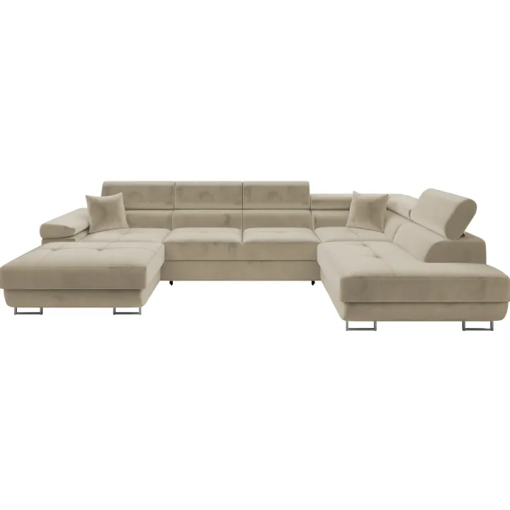Divano letto angolare destra 5 posti 346x203cm con box contenitore vellutato beige Moirea