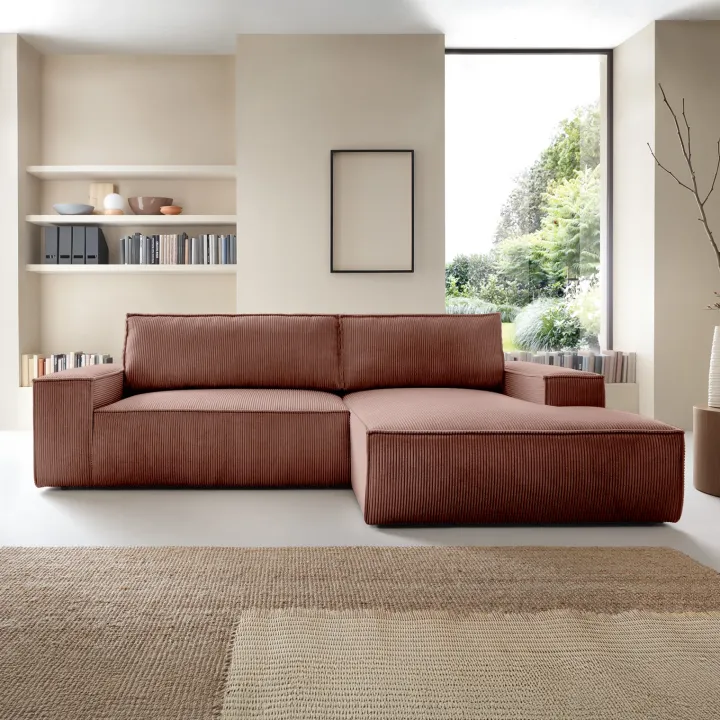 Divano letto angolare destra 3 posti 267x167cm velluto a coste rosa Relaxion