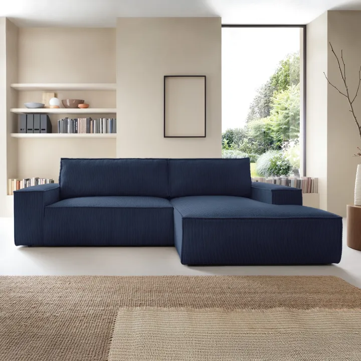 Divano letto angolare destra 3 posti 267x167cm velluto a coste blu Relaxion