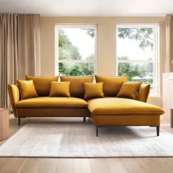 Divano letto angolare destro 3 posti 258x167cm tessuto giallo senape Lushify