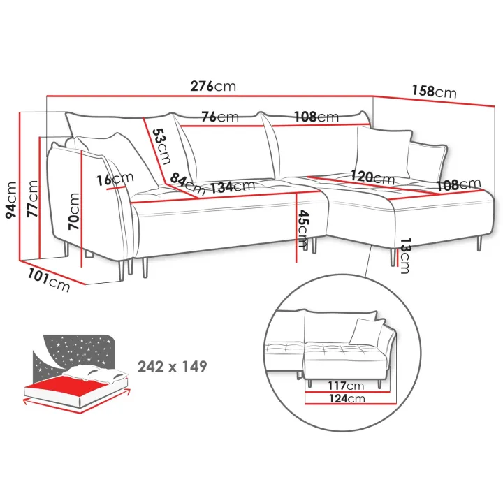 Divano letto angolare destro 3 posti 276x158cm tessuto tortora Angle