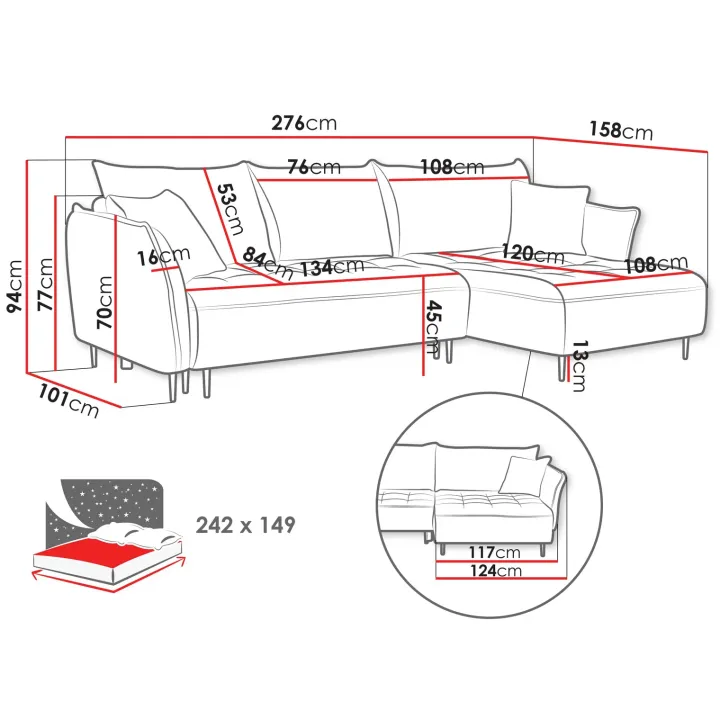 Divano letto angolare destro 3 posti 276x158cm tessuto grigio scuro Angle