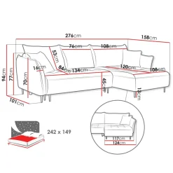 Divano letto angolare destro 3 posti 276x158cm tessuto blu Angle