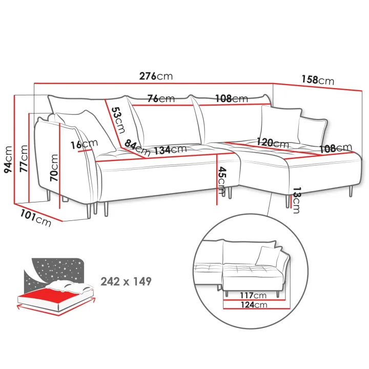 Divano letto angolare destro 3 posti 276x158cm tessuto blu Angle