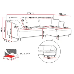 Divano letto angolare destro 3 posti 276x158cm tessuto rosa Angle