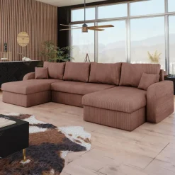 Divano letto angolare 5 posti 304cm con contenitore velluto a coste rosa Assunta