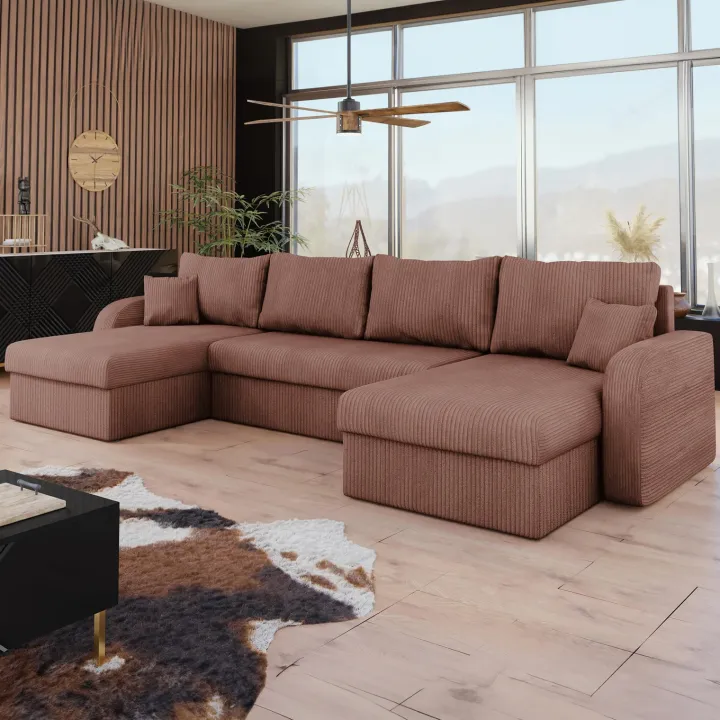 Divano letto angolare 5 posti 304cm con contenitore velluto a coste rosa Assunta