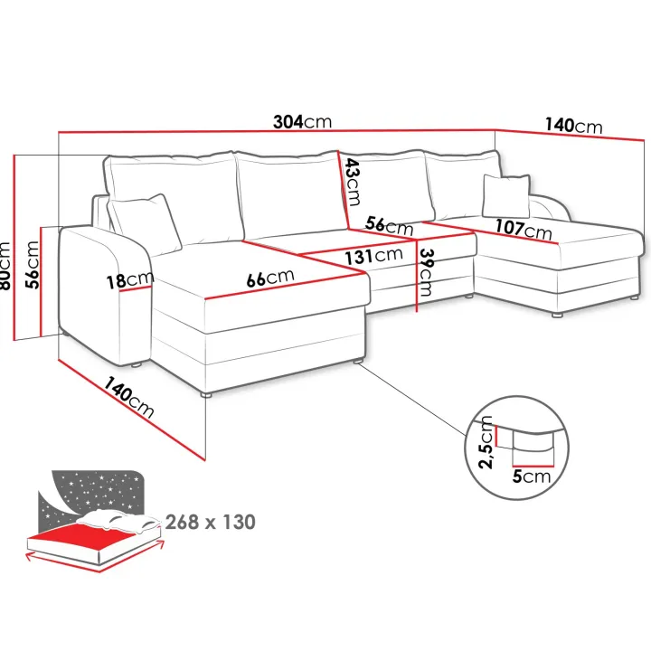 Divano letto angolare 5 posti 304cm con contenitore velluto a coste grigio Assunta