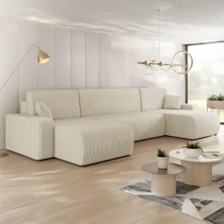Divano letto angolare 5 posti 312x145cm con contenitore a coste beige Slurp