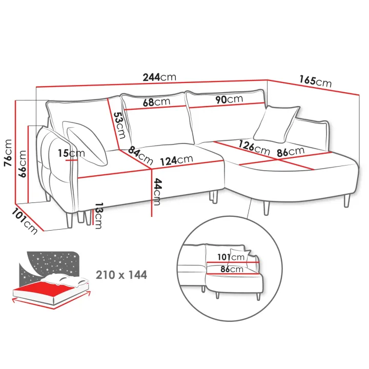 Divano letto angolare 3 posti 244x165cm tessuto grigio scuro Lollypop