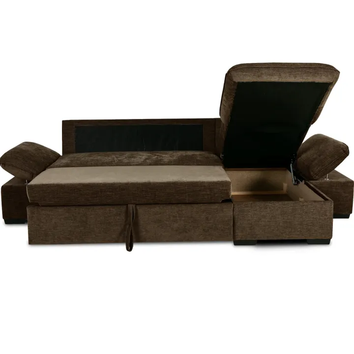 Divano letto angolare reversibile 260x148cm con vano contenitore tessuto marrone Arturo