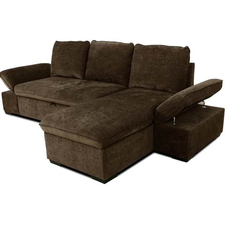 Divano letto angolare reversibile 260x148cm con vano contenitore tessuto marrone Arturo