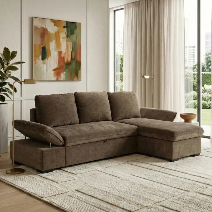 Divano letto angolare reversibile 260x148cm con vano contenitore tessuto marrone Arturo