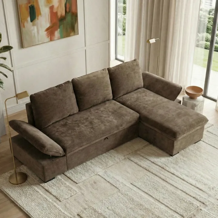 Divano letto angolare reversibile 260x148cm con vano contenitore tessuto marrone Arturo