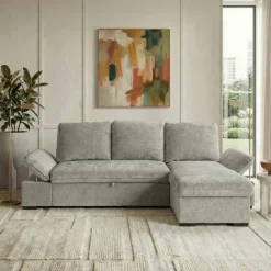 Divano letto angolare reversibile 260x148cm con vano contenitore tessuto grigio Arturo