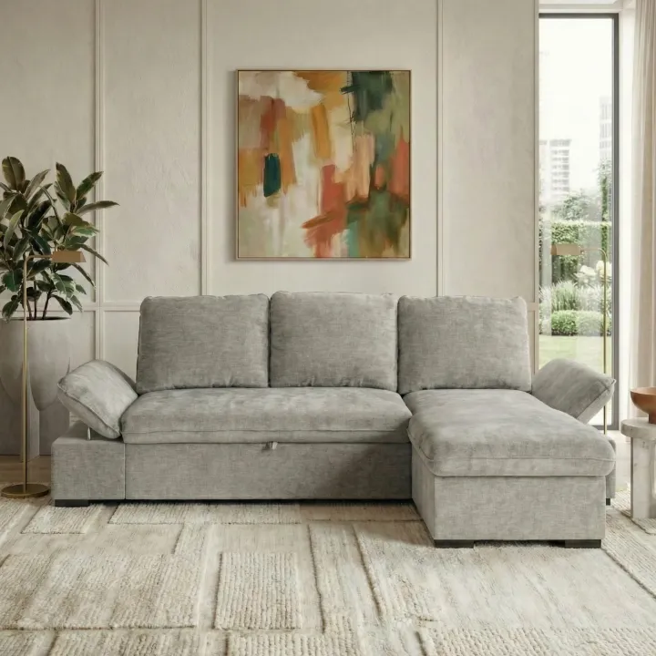 Divano letto angolare reversibile 260x148cm con vano contenitore tessuto grigio Arturo