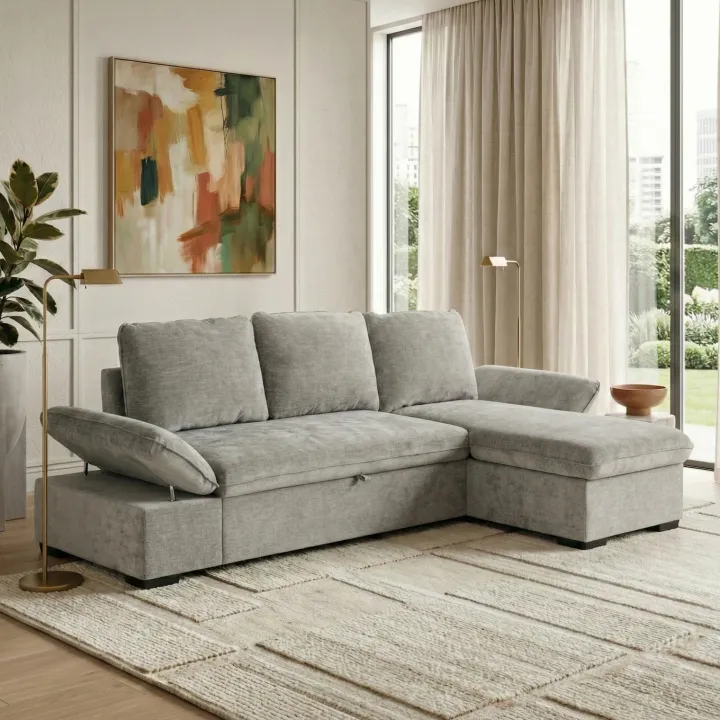 Divano letto angolare reversibile 260x148cm con vano contenitore tessuto grigio Arturo