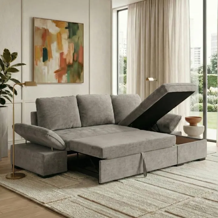Divano letto angolare reversibile 260x148cm con vano contenitore tessuto grigio Arturo