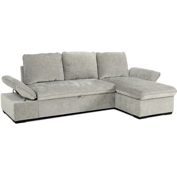 Divano letto angolare reversibile 260x148cm con vano contenitore tessuto grigio Arturo