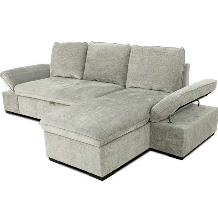 Divano letto angolare reversibile 260x148cm con vano contenitore tessuto grigio Arturo