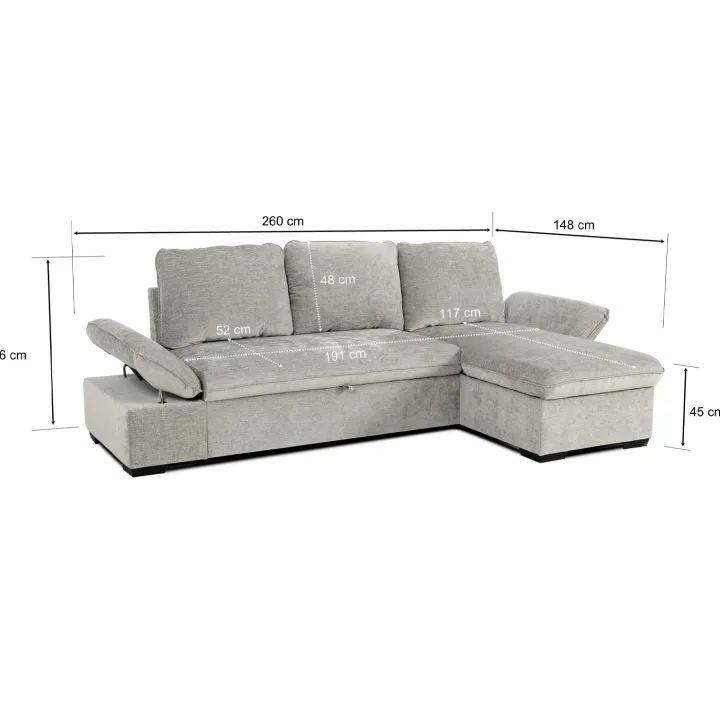Divano letto angolare reversibile 260x148cm con vano contenitore tessuto grigio Arturo