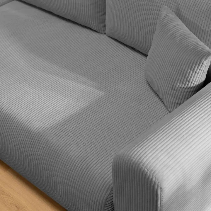 Divano letto angolare reversibile 4 posti 285x188cm con contenitore tessuto velluto a coste grigio Soft