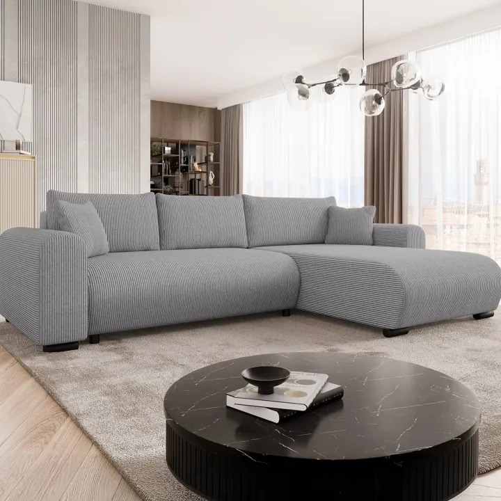 Divano letto angolare reversibile 4 posti 285x188cm con contenitore tessuto velluto a coste grigio Soft