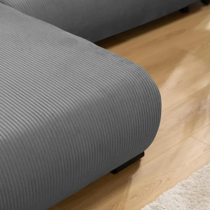 Divano letto angolare reversibile 4 posti 285x188cm con contenitore tessuto velluto a coste grigio Soft