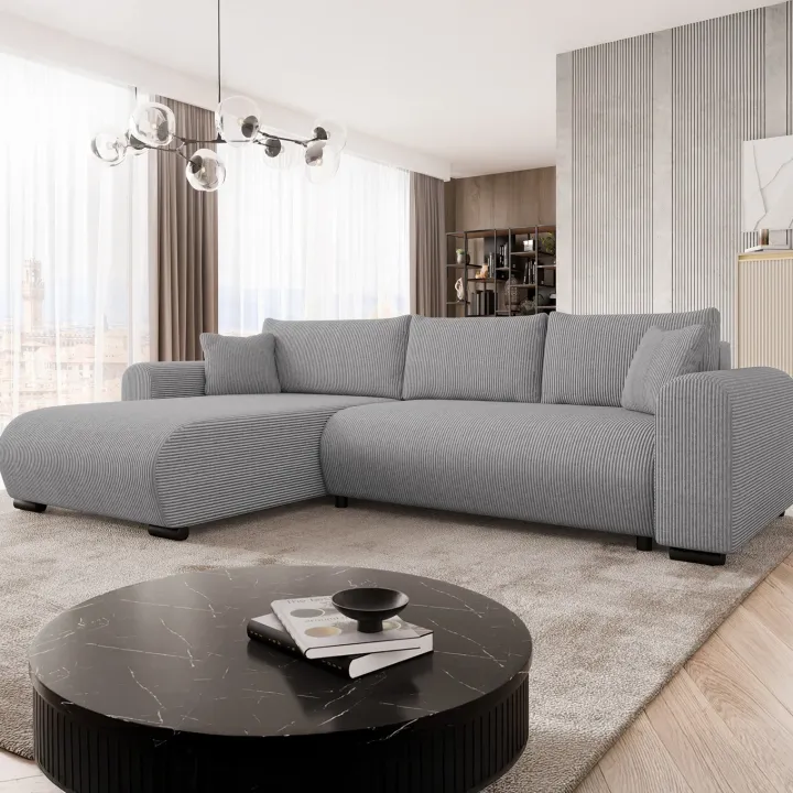 Divano letto angolare reversibile 4 posti 285x188cm con contenitore tessuto velluto a coste grigio Soft