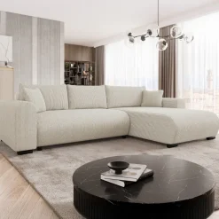 Divano letto angolare reversibile 4 posti 285x188cm con contenitore tessuto velluto a coste beige Soft