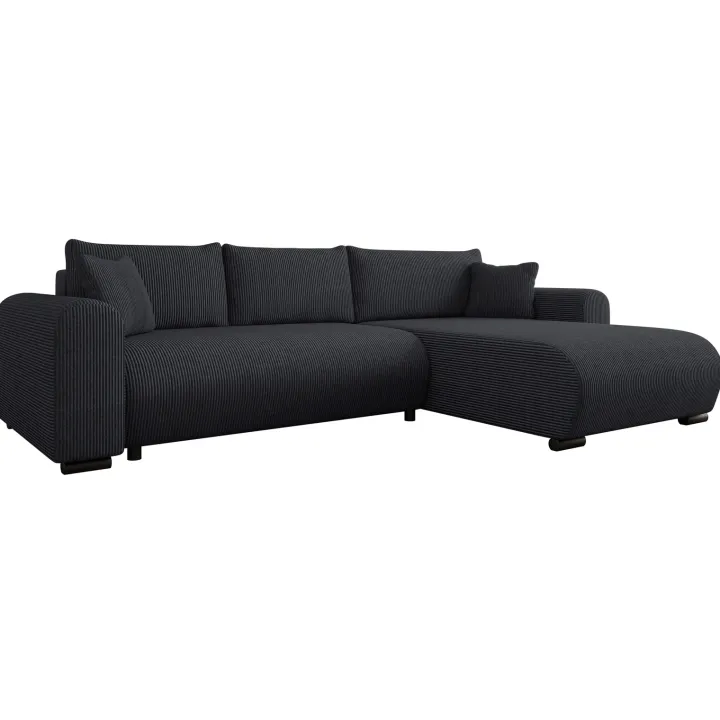 Divano letto angolare reversibile 4 posti 285x188cm con contenitore tessuto velluto a coste nero Soft